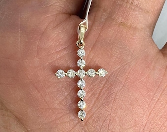 14K Yellow Gold Diamond Cross Necklace for Women, Beautiful Diamond Cross Pendant, Dainty Cross Diamond Pendant