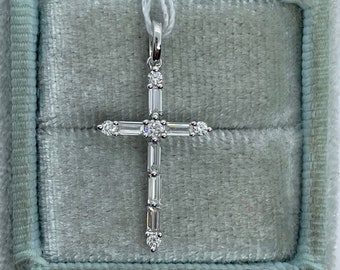 Dainty Diamond Cross Pendant, Baguette and Round Diamond Cross, Dainty Diamond Cross Necklace 18K Yellow Gold