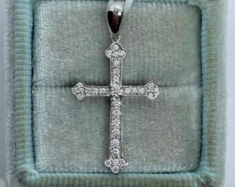 Diamond Cross Pendant, Genuine Diamond Cross, Catholic Cross Necklace 18K White Gold
