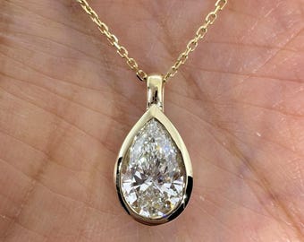 Pear Bezel Gold Necklace, Pear Bezel Pendants, Bezel Pear Solitaire Diamond, Tear Drop Pendant Yellow Gold