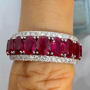 Ruby Diamond Band, Ruby and Diamond Wedding Band, 18K White Gold Ruby Diamond Ring Anniversary Band