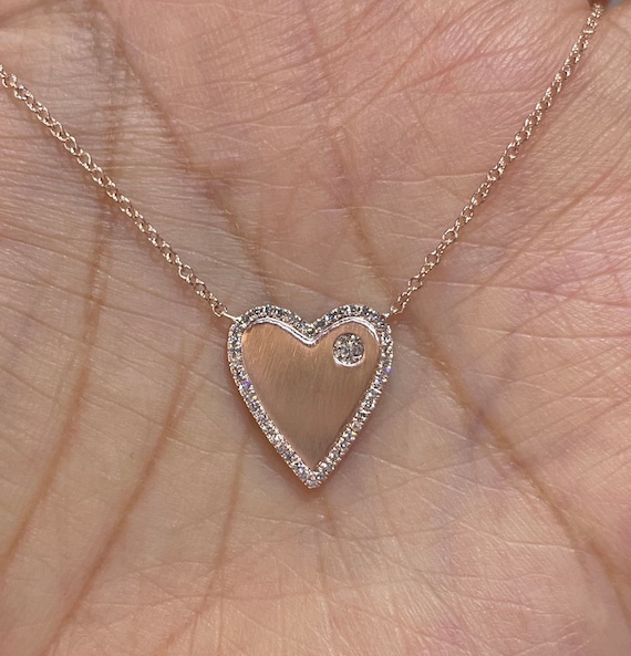 Dainty Diamond Heart Necklace, 14K Rose Gold Pendant