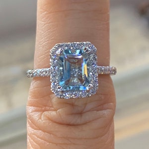 Genuine Aquamarine Ring, Aquamarine Diamond Ring, Aquamarine Engagement Ring 14K White Gold, Emerald Cut Aquamarine Ring