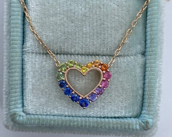 Dainty multicolor gem heart necklace, dainty rainbow heart necklace, 18K Yellow gold dainty rainbow heart necklace