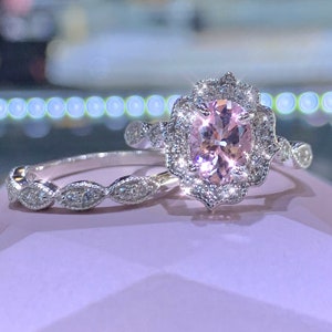 Pink Morganite Engagement Ring White Gold, Art Deco Antique Morganite Ring, Morganite and Diamond Wedding Set