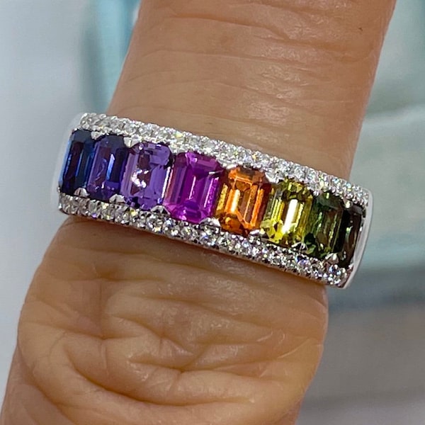 Rainbow Sapphire Ring, Natural Multicolor Sapphire and Diamond Band, 18K Rainbow Sapphire And Diamond Ring Ombre