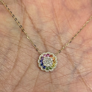 Rainbow Sapphire And Diamond Necklace, Genuine Multi Color Sapphire and Diamond Pendant, 18K Yellow Gold Dainty Rainbow Pendant Necklace