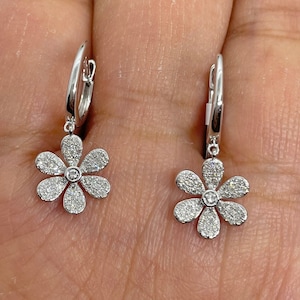 Diamond Flower Earrings, Diamond Flower Dangle Earrings, Flower Diamond Earrings, Flower Diamond Dangling Earrings 14K Gold