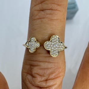 Diamond Flower Ring, Floral Diamond Ring, Dainty Flower Ring, 14K Yellow Gold Double Flower Ring