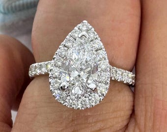 Pear Shaped Diamond Engagement Ring, Pear Halo Diamond Wedding Ring, IGI Certified Lab Grown Diamond Ring 18K