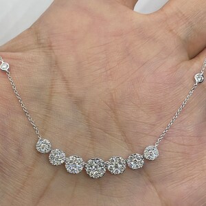 Diamond Necklace, Diamond Choker, 7 Halo Round Diamond Necklace With Cable Link adjustable chain, Diamond Necklace Choker Yellow Gold 18K image 3