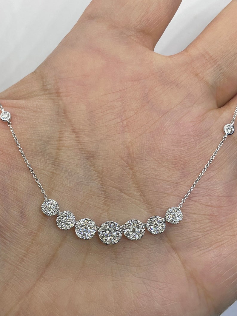 Diamond Necklace, Diamond Choker, 7 Halo Round Diamond Necklace With Cable Link adjustable chain, Diamond Necklace Choker Yellow Gold 18K image 3