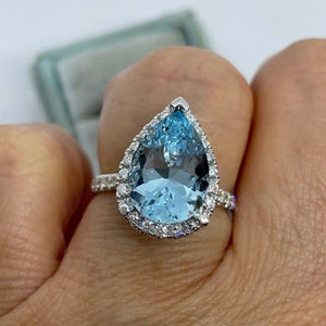 Anillo de compromiso de aguamarina, anillo de aguamarina y diamantes en forma de pera, anillo de aguamarina con forma de pera, anillo de aguamarina y diamantes en oro blanco de 18 quilates