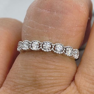 Diamond Wedding Band, Diamond Anniversary Band, 18K White Gold 7 Diamond Ring Stackable Band
