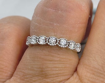 Diamond Wedding Band, Diamond Anniversary Band, 18K White Gold 7 Diamond Ring Stackable Band