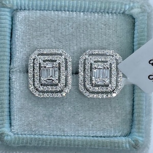 Emerald Cut Halo Earrings, Diamond Stud Earrings, Emerald Cut Studs, Baguette Earrings, Emerald Cut Diamond Earrings 14K White Gold