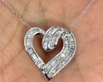 Diamond Heart Pendant, Baguette Heart Pendant, 14K White Gold Heart Diamond Necklace Natural Diamonds