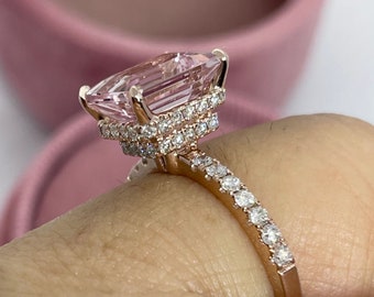 10x8mm Emerald Shape Morganite Wedding Ring, Emerald Cut Morganite Engagement Ring, 14K White Gold Rose Gold