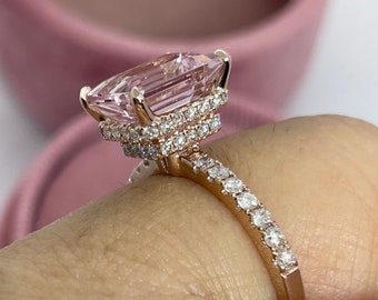 Emerald Cut Morganite Engagement Ring, 14K Rose Gold Diamond Halo