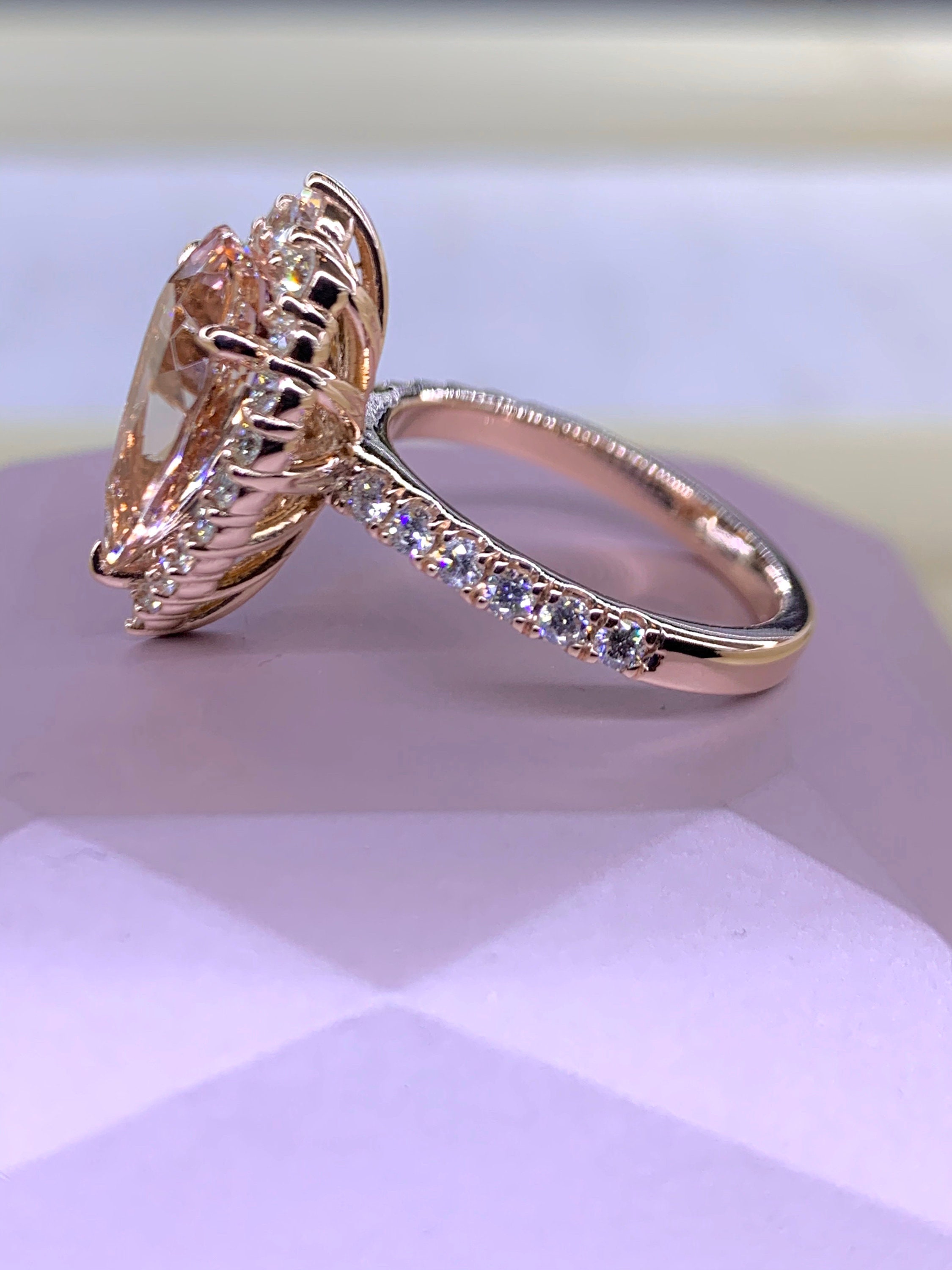 Pear Morganite Diamond Halo Ring, 14K Rose Gold Engagement Ring - Etsy