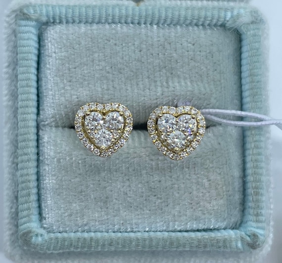 Heart Shape Diamond Stud Earrings 18k Yellow Gold Diamond Etsy Nederland
