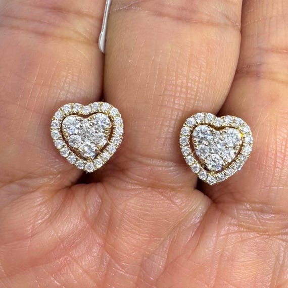Heart Shape Diamond Stud Earrings, 14K Yellow Gold Diamond Heart
