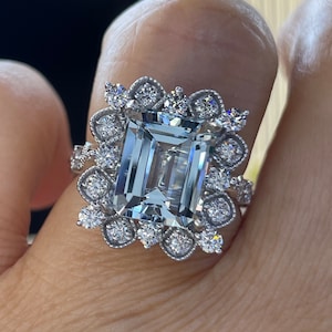 Aquamarine and Diamond Ring, Emerald Cut Aquamarine Ring, 14K White Gold Art Deco Aquamarine Ring