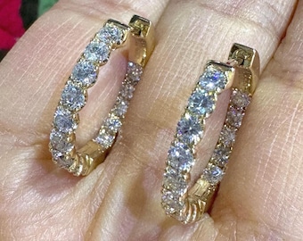 Diamond Hoop Earrings, Inside Out Hoop Earrings, Genuine Diamond Hoop Earring Yellow Gold, Diamond Hoops 14K Gold