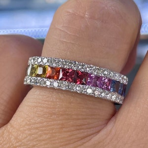 Rainbow Sapphire Ring, Natural Multicolor Sapphire and Diamond Band, 14K White Gold Rainbow Sapphire And Diamond Ring Ombre Unisex