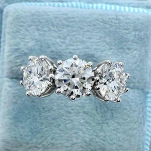 3 Stone Ring, 3 CT Lab Grown Diamond Anniversary Ring, 14K White Gold Past Present Future Ring