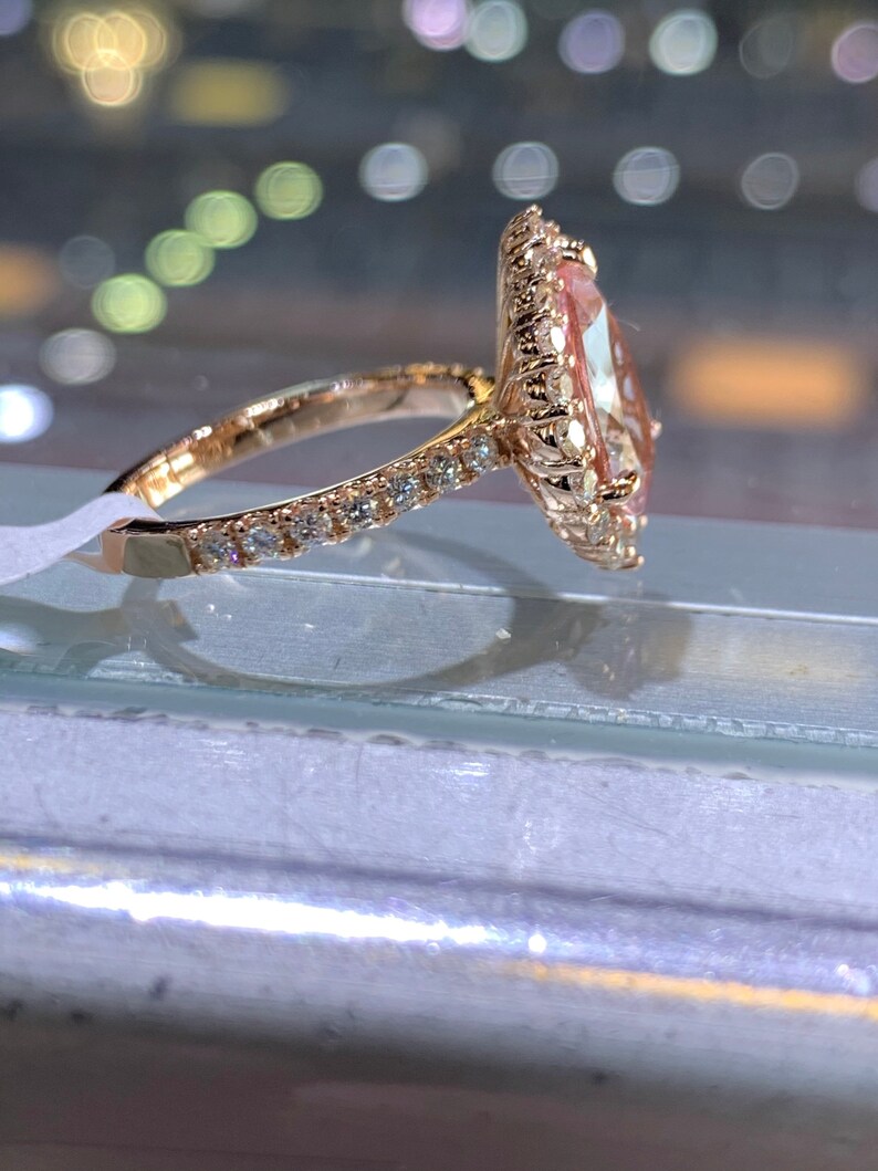 Pear Morganite Engagement Ring, 14K Rose Gold Diamond Halo - Etsy