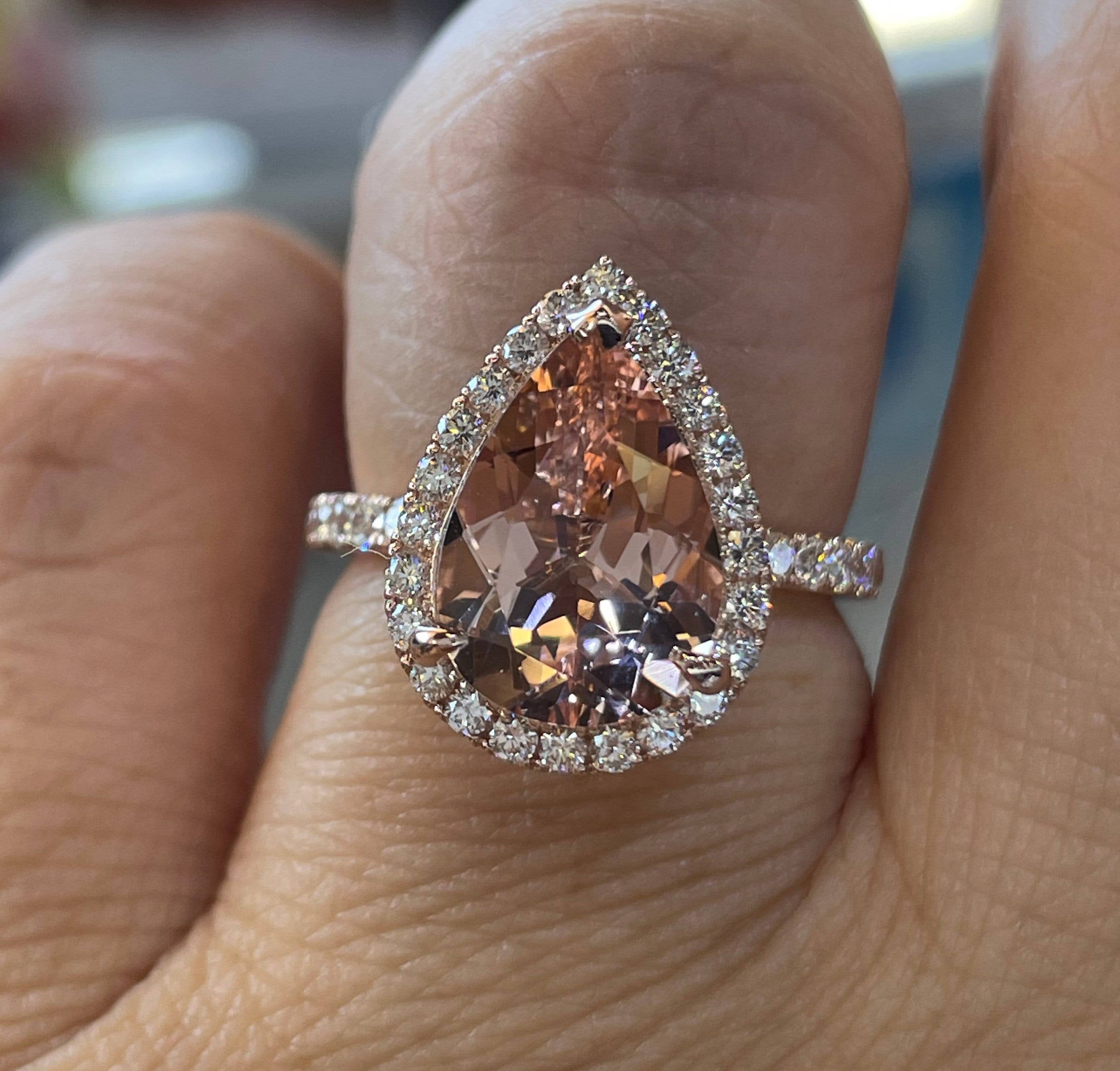 Pear Morganite Diamond Halo Engagement Ring, 14K Rose Gold Wedding Ring ...