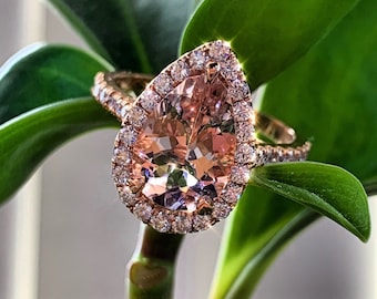 Morganite Engagement Ring, Pear Morganite ring, 14K Rose Gold Morganite and Diamond Halo Ring Pear Shape Art Deco Antique
