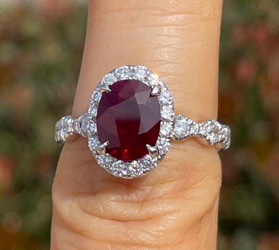 Lab ruby and diamonds engagement ring, big pear shape gemstone promise ring  / Lida | Eden Garden Jewelry™