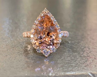 Pear Morganite Engagement Ring, Pear morganite Rose Gold Ring, Morganite Halo Engagement Ring, Art Deco Promise Ring