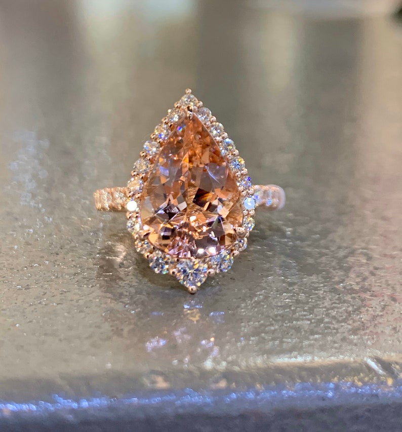 Pear Morganite Diamond Halo Ring, 14K Rose Gold Engagement Ring - Etsy