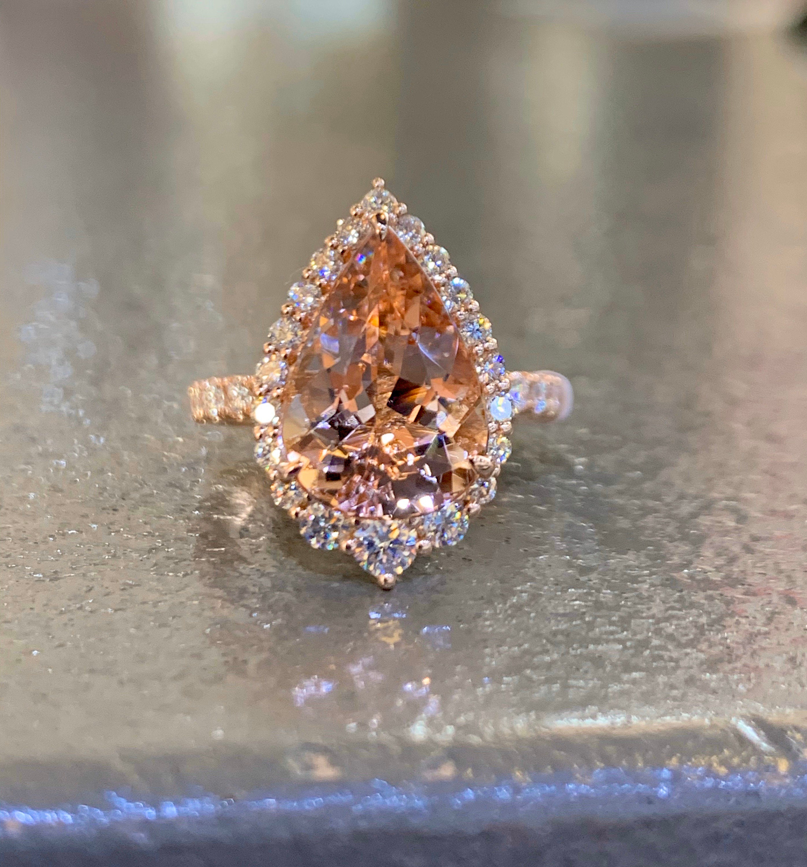 Pear Morganite Diamond Halo Ring, 14K Rose Gold Engagement Ring - Etsy