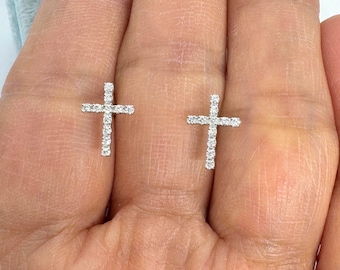 Cross Earrings, Dainty Cross Diamond Stud Earrings, Cross Diamond Earrings, 14K Gold Cross Earrings