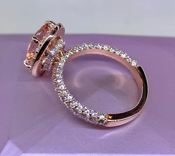 1 1/2 Ct Oval Morganite & Diamond Halo Engagement Ring In 14K Rose Gold - Stunning Peach Color, Lifetime Warranty
