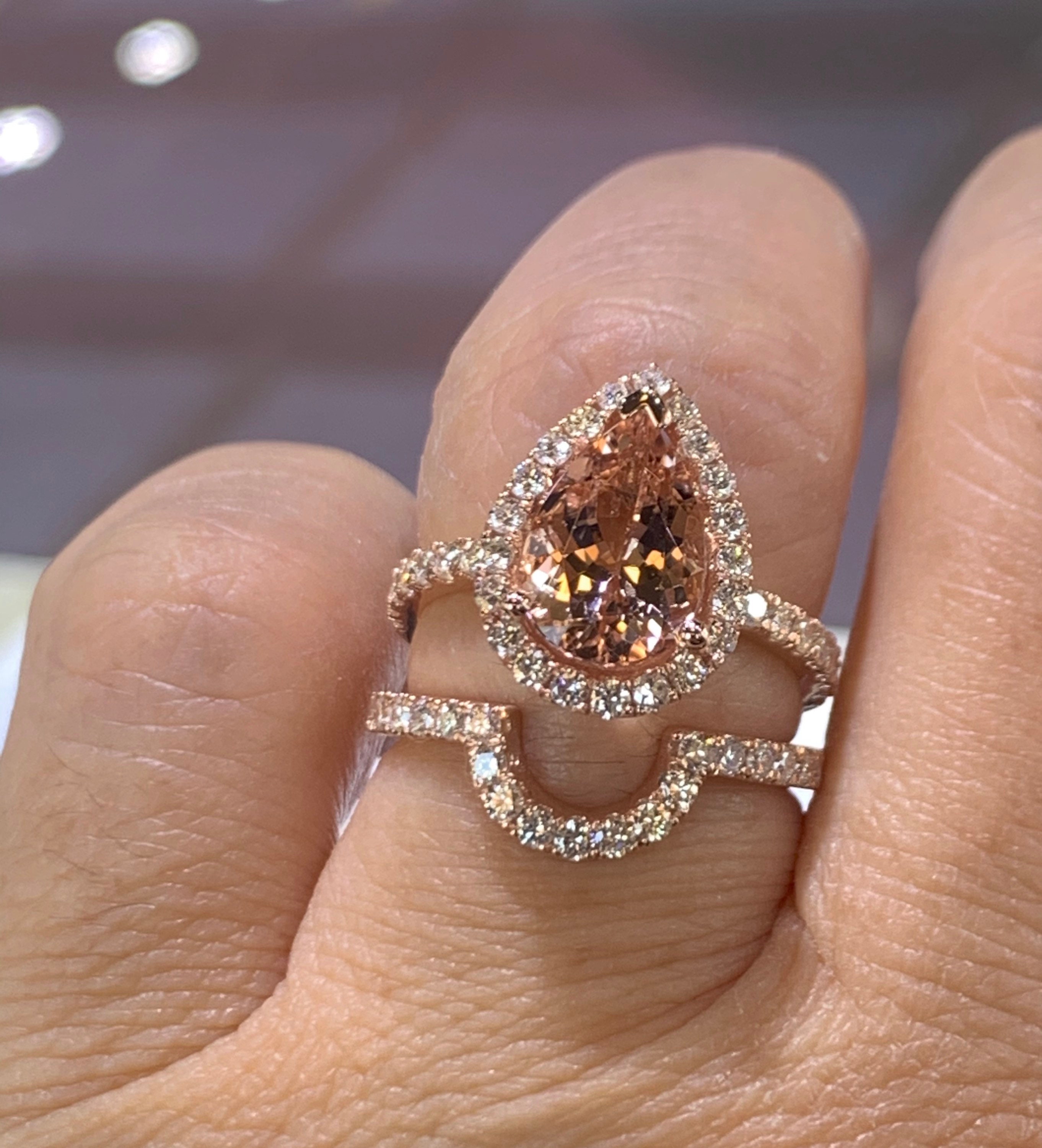 Pear Morganite Ring Set, 14K Rose Gold, Lab Diamond Halo - Etsy