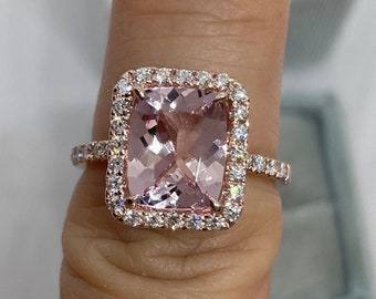 Morganite Ring Rose Gold, 10x8MM Cushion Halo Morganite Diamond Engagement Ring, Genuine Morganite Ring