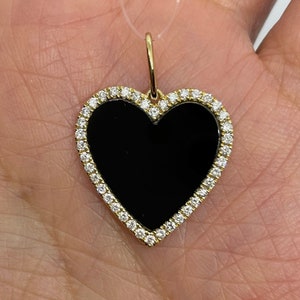Black Onyx Heart Necklace, 18K Yellow Gold Black Onyx Heart Pendant, Black Onyx Diamond Disc Pendant
