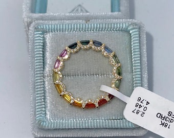Rainbow Sapphire Diamond Ring, 18K Yellow Gold Eternity Band