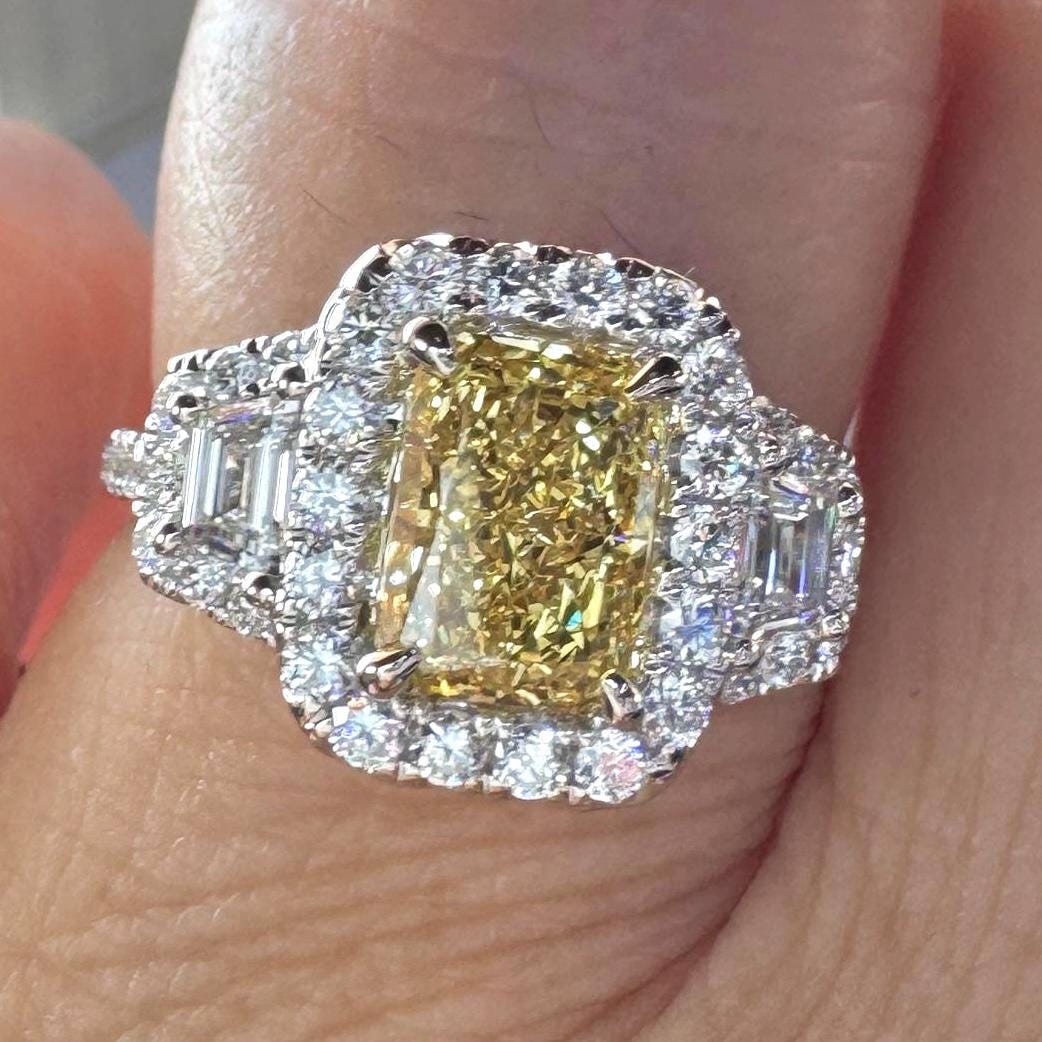 Fancy Yellow Diamond Ring, 18K White Gold Lab Grown Diamond Engagement Ring, Yellow Diamond Wedding Ring, Cushion Halo Diamond Ring