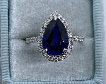 Pear Sapphire and Diamond Ring, Pear Cut Sapphire Ring, 14K White Gold Pear Sapphire Engagement Ring Lab Created Sapphire