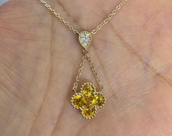 Flower Pendant, Yellow Sapphire Pendant, Yellow Sapphire and Diamond Necklace, Flower Necklace 14K Yellow Gold