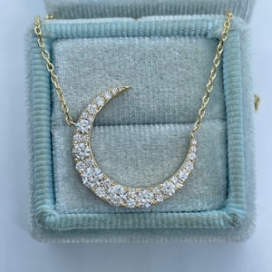 Diamond Moon Necklace Gold, Moon Diamond Necklace, 14K Yellow Gold Crescent Moon Necklace