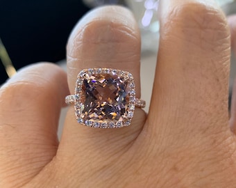 Cushion Morganite Diamond Halo Ring, 14K Rose Gold Engagement Ring