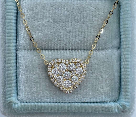 18k Yellow Gold Pave Diamond Heart Necklace Dainty Heart Etsy