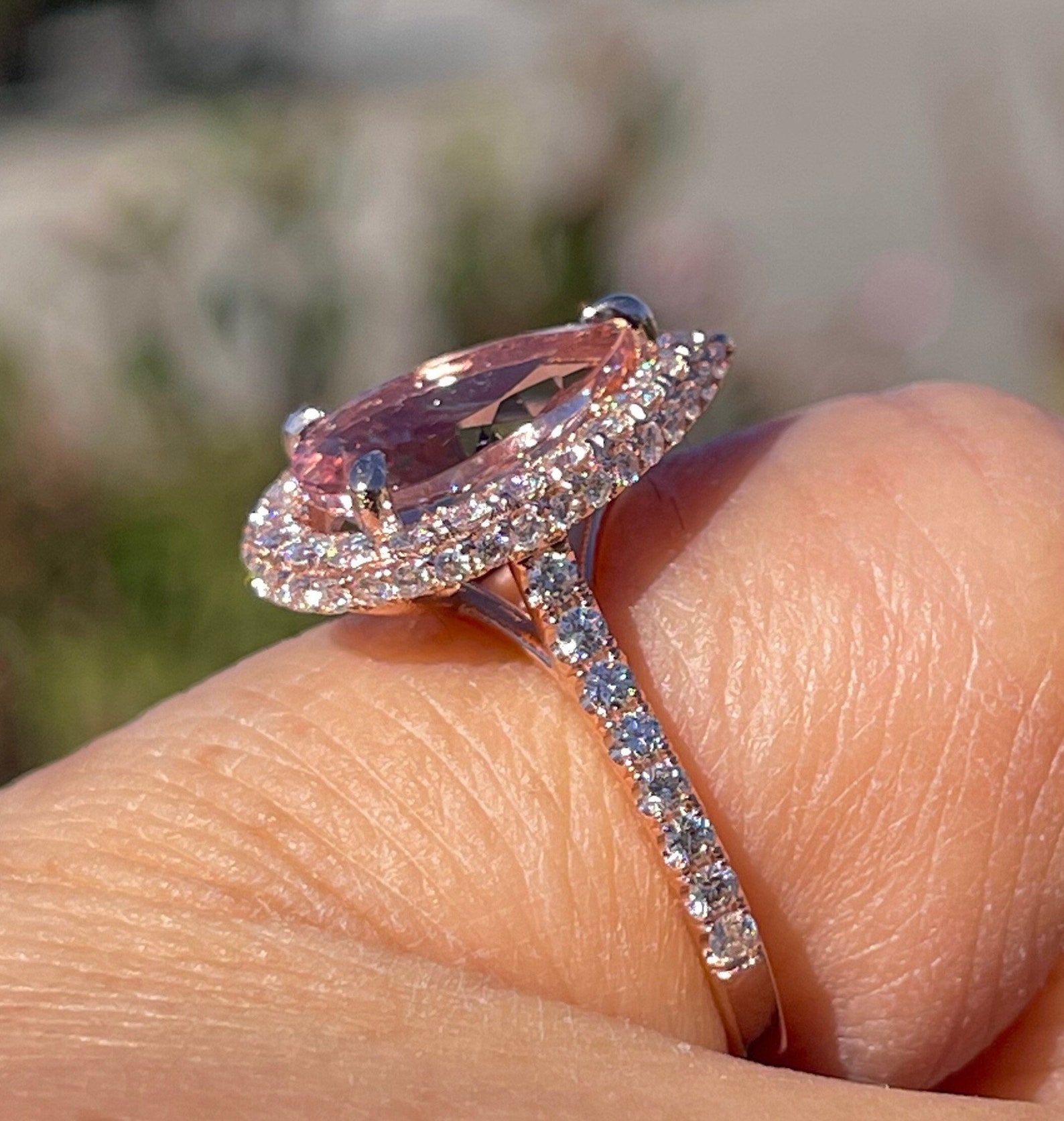 Pear Morganite Diamond Halo Ring, 14K Rose Gold Engagement Ring - Etsy